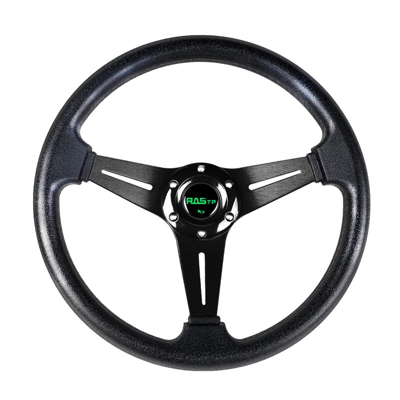 RASTP Universal Racing Steering Wheel 13.8â€/350mm 6 Bolts Grip Vinyl Leather & Aluminum with Horn Button for Car -Black - Image 1
